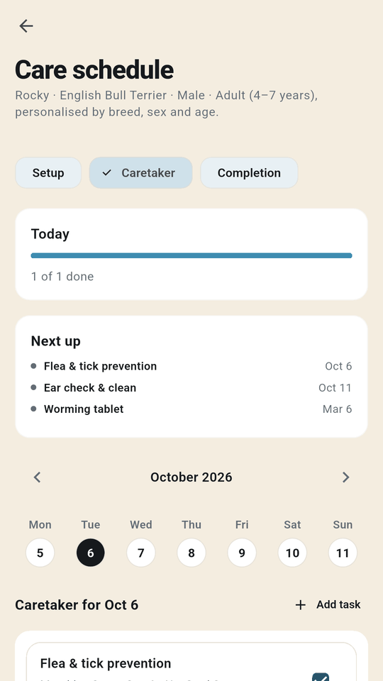 The care schedule, personalised by breed, sex and age, showing what is due next
