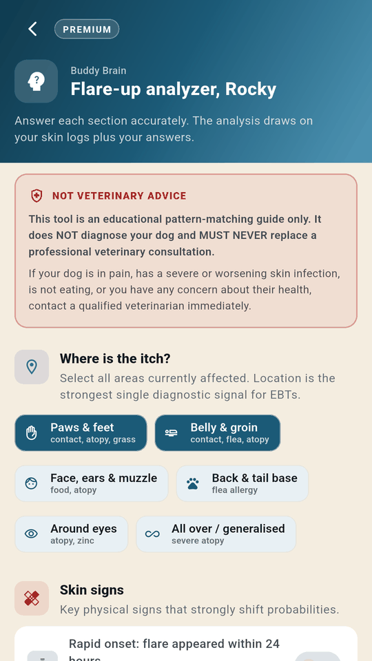 The flare-up analyser asking where the itch is and which skin signs are present