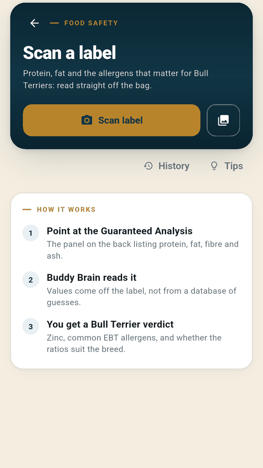 The food label scanner: photograph the analysis panel and get a Bull Terrier verdict