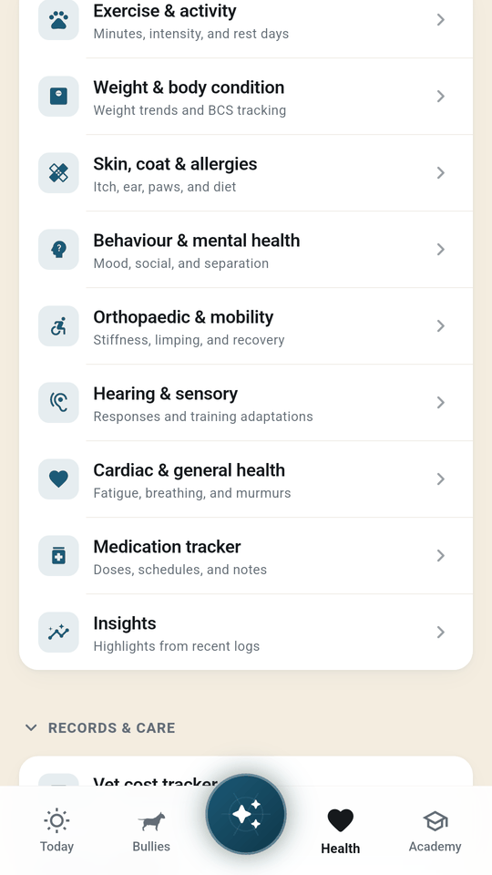 Nine health logs in one place: exercise, weight, skin, behaviour, mobility, hearing, heart, medication and insights