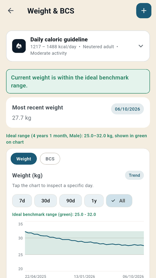 Weight charted against the ideal range for his breed, age and sex