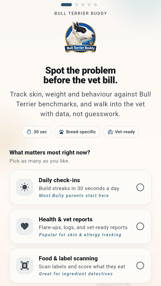 The opening screen: track skin, weight and behaviour against Bull Terrier benchmarks