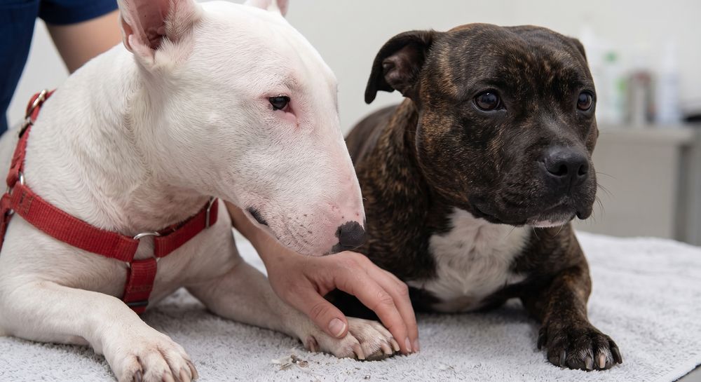 A white English Bull Terrier lying beside a brindle Staffordshire Bull Terrier