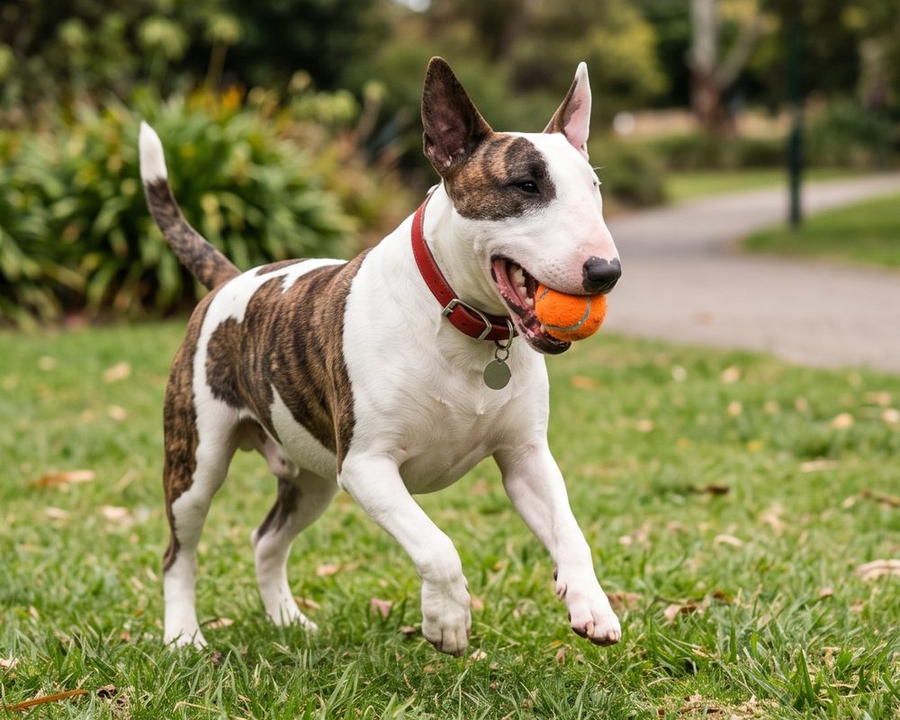 A brindle-and-white Bull Terrier trotting across a park lawn with an orange ball in his mouth