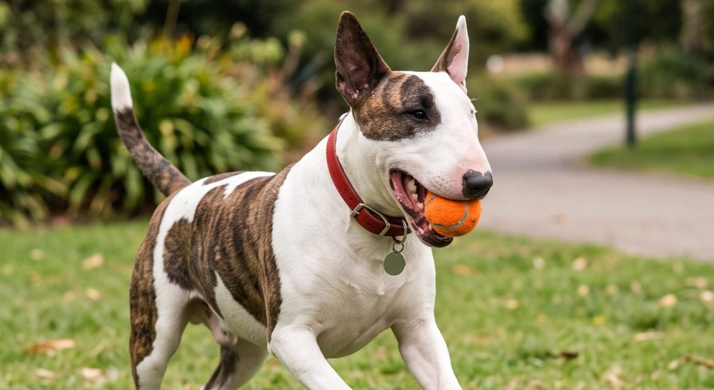 A brindle-and-white Bull Terrier trotting across a park lawn with an orange ball in his mouth