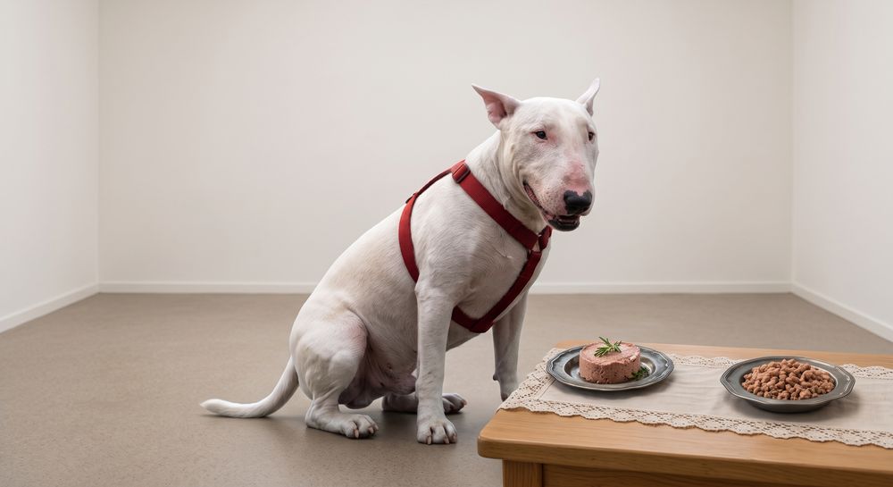An English Bull Terrier sitting beside two bowls of food
