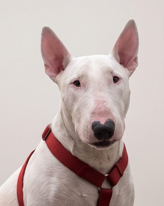 Head and shoulders of a white English Bull Terrier with upright ears, looking at the camera