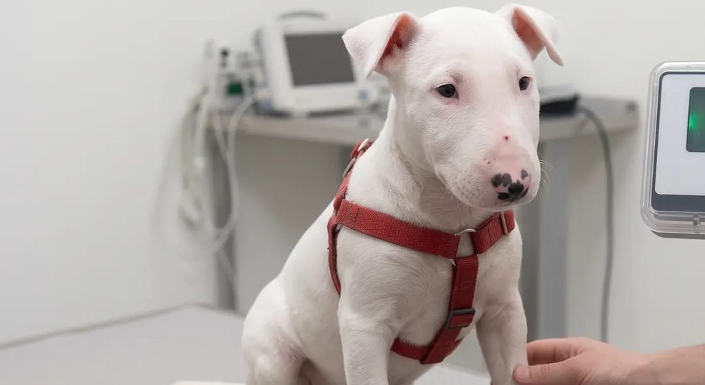 An English Bull Terrier puppy in a red harness at the vet