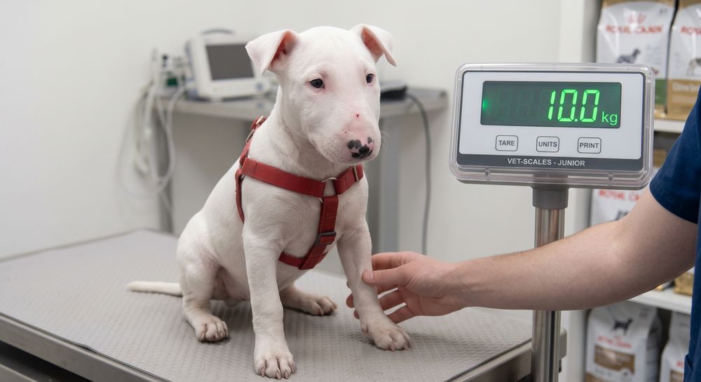 An English Bull Terrier puppy being weighed at the vet, reading 10.0 kg