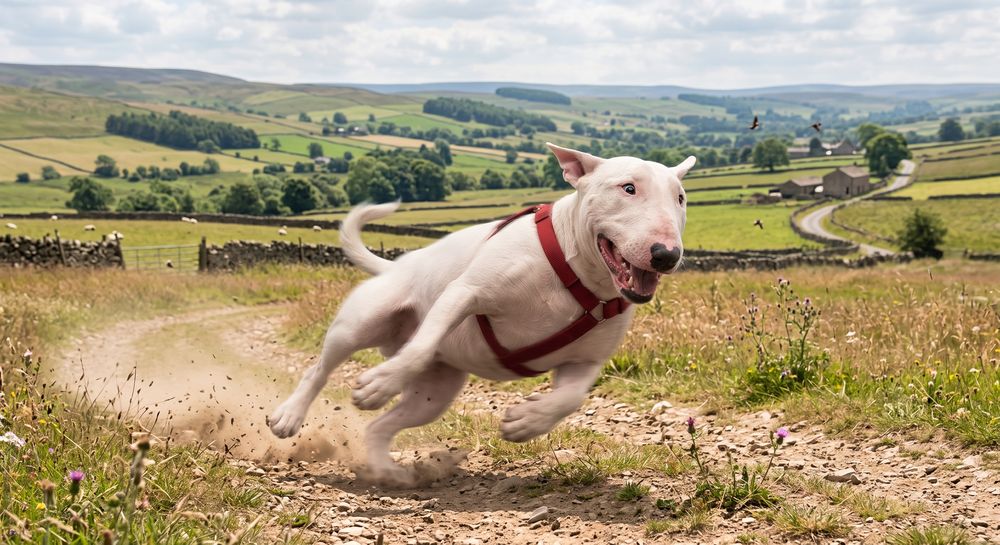 An English Bull Terrier running at full stretch across open countryside