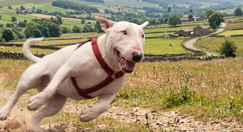 An English Bull Terrier in a red harness running along a country path