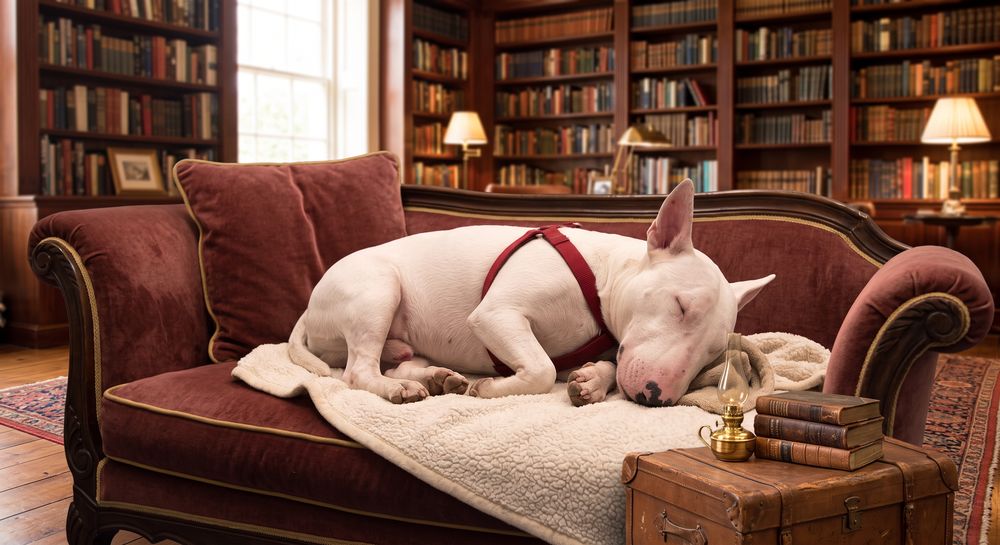An English Bull Terrier asleep on a sofa