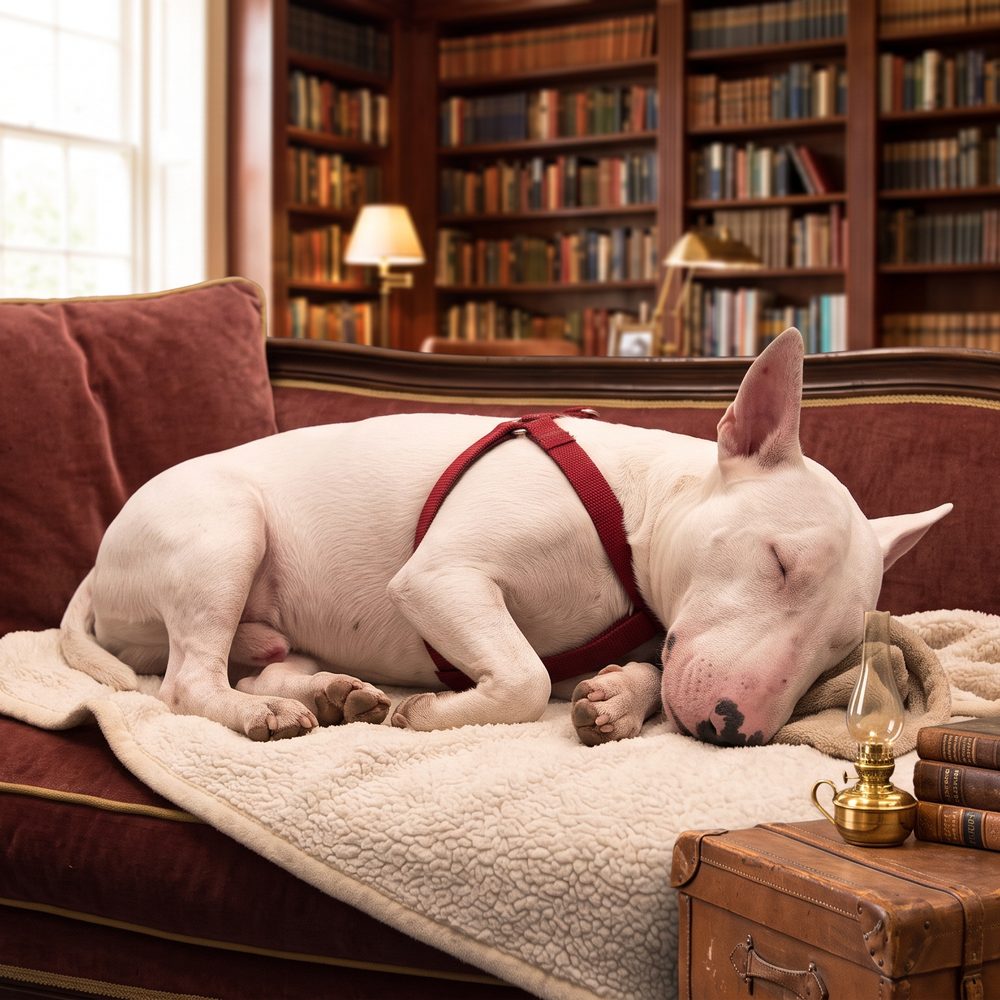 A white English Bull Terrier in a red harness asleep on a velvet sofa in a library