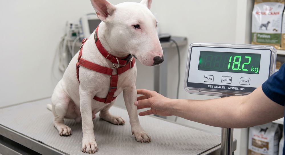 A white English Bull Terrier standing on vet scales reading 18.2 kg